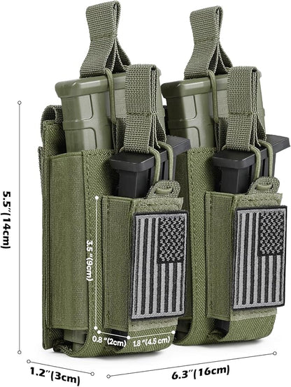 Open-Top Single/Double/Triple Molle Mag Pouch for 5.56mm M4 M16 AK AR Glock M1911 9mm Elastic Rifle Magazines Pistol Mag Pouches Holder Carrier with USA Flag Patch