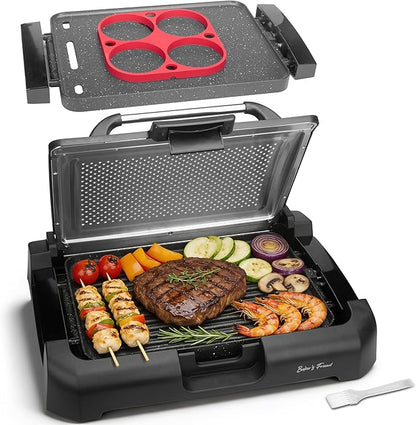 Baker’s Friend Indoor Searing Grill & Griddle, Electric Griddle with 2 in 1 Indoor Grill and Griddle Plate Indoor Grill with Removable Plate & Lid, Silicone Mold, Dishwasher Safe, Graphite