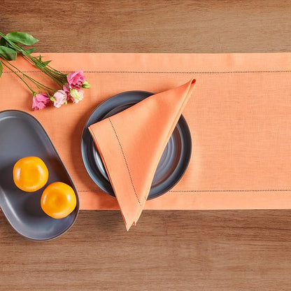 Solino Home Linen Table Runner 90 Inches Long - 100% Pure Linen Coral Table Runner 14 x 90 Inch for Valentines, Spring, Easter - Classic Hemstitch