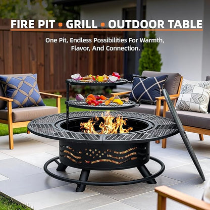 47 Inch Fire Pit with 2 Cooking Grates, Outdoor Wood Burning BBQ Grill Firepit Bowl with Cover Lid, Steel Round Table for Backyard Bonfire Patio Picnic (Black, 47IN)