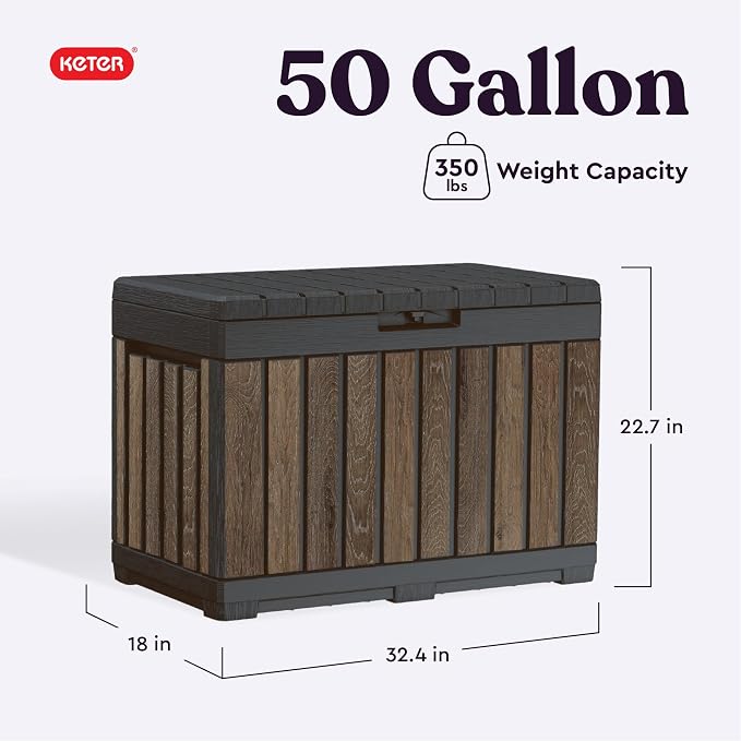 Keter Premium Everwood 50 Gal Outdoor Storage Box and Patio Side Table | Walnut - Image 2