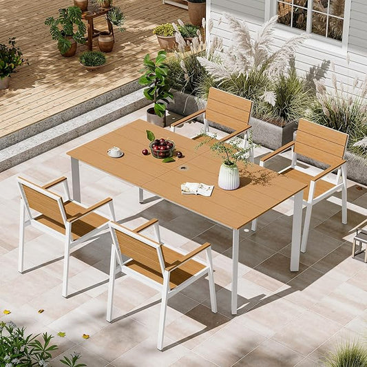 Patio Table and Chairs Set, 5 Piece Outdoor Dining Set with Umbrella Hole, HDPS + Aluminum Patio Furniture Set for Garden (White & Teak)