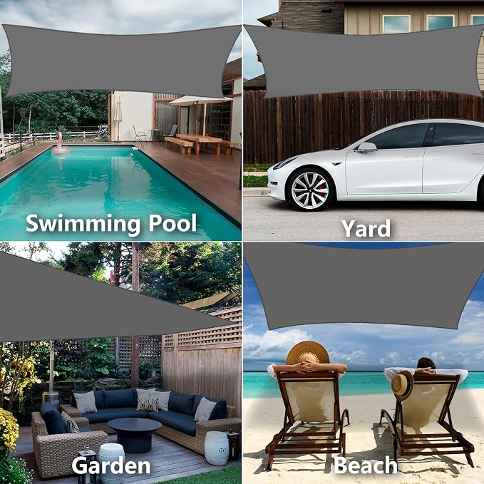 10' x 13' Rectangle Sun Shade Sail, 185 GSM HDPE, Dark Grey | 95% UV block - Image 7