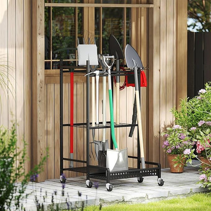 Garden Tool Organizer with Wheels, Heavy-Duty Steel Garage Tool Storage Rack, 360° Rotating Yard Tool Stand for Long-Handled Tools, Lawn Tool Holder for Shovels Rakes Mops Brooms