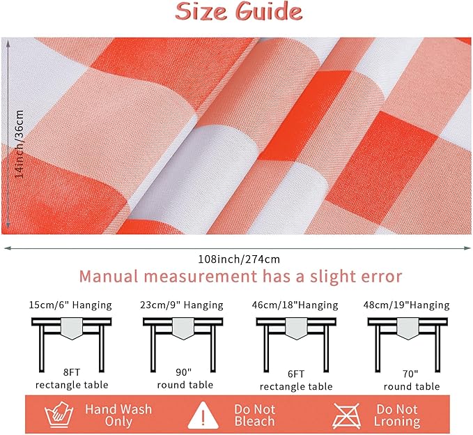 Fabric Checkered Table Runner 6 Pack Waterproof Gingham Table Runner 14W x 108L Buffalo Check Table Runners for Parties Kitchen Dining Wedding Banquet (Red and White)