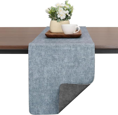 Table Runners 55 Inches Long, Dual-Sided Faux Leather Farmhouse Table Runner Waterproof Heatproof Non-Slip for Living Room Party Home Decor Holiday Decorations(Gray Light Blue, 15 x 55 Inch)