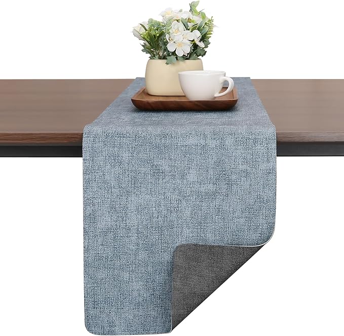 Table Runners 94 Inches Long, Dual-Sided Faux Leather Farmhouse Table Runner Waterproof Heatproof Non-Slip for Living Room Party Home Decor Holiday Decorations(Gray Light Blue, 12 x 94 Inch)
