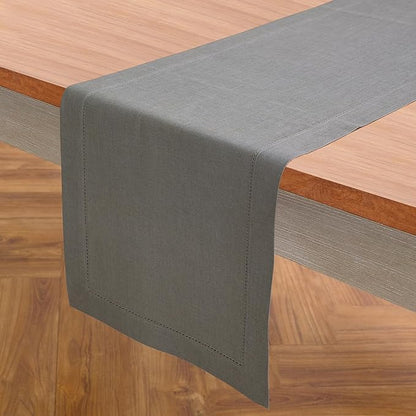 Solino Home Linen Steel Gray Table Runner 108 Inches Long - 100% Pure Linen Hemstitch 14 x 108 Inch Table Runner for Dining, Spring - Classic Hemstitch