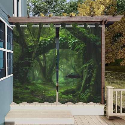 Nature Theme Outdoor Curtains for Patio Waterproof,Forest Pattern,Waterproof, Privacy, Grommet Curtains for Patio, Pergola, Porch, Deck, Lanai, Cabana,Set of 2 Panels,W54 x L108,Green