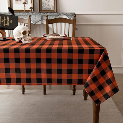 Waterproof Orange Plaid Tablecloth Fabric - Square 58x58 Inch Classic Gingham Checker Halloween Table Cloth for Indoor Use - Fall Tabletop Cover Perfect for Picnics, BBQs, and Parties