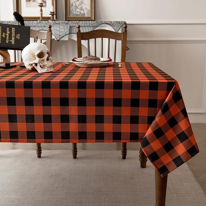Waterproof Checkered Tablecloth Fabric - Rectangle 58x84 Inch Fall Themed Halloween Table Cloth for Indoor/Outdoor Use - Autumn Table Cover for Kitchen, BBQs, and Parties