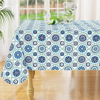 misaya Square Waterproof Vinyl Table Cloth, Wipeable Tablecloth with Flannel Backing, Plastic Table Cover for Dinner, Picnic, Indoor and Outdoor (Navy Mandala, 54" x 54")