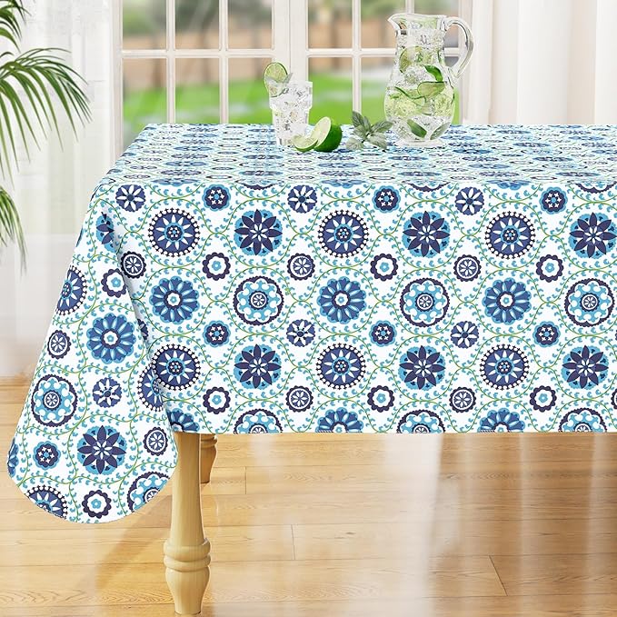 misaya Rectangle Waterproof Vinyl Table Cloth, Wipeable Tablecloth with Flannel Backing, Plastic Table Cover for Dinner, Picnic, Indoor and Outdoor (Navy Mandala, 60" x 102")