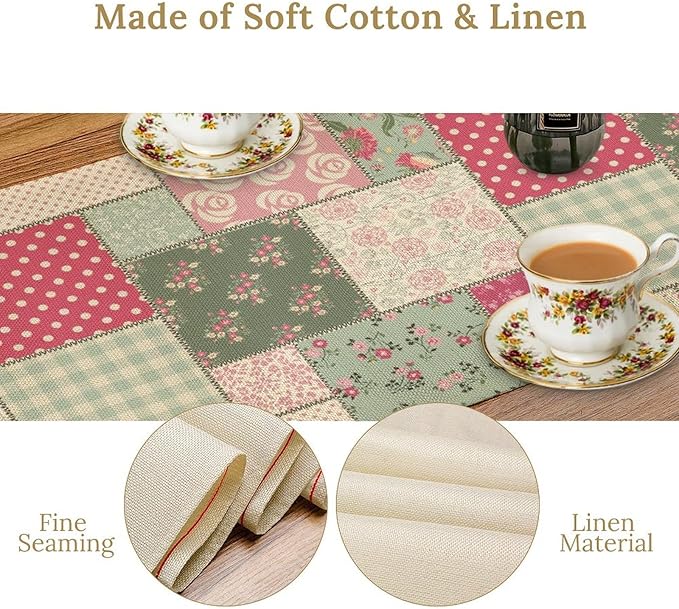 Patchwork Flowers Table Runner, Boho Plaid Floral Retro Romantic Rose Plants Table Runner for Dining Coffee Party Holiday Farmhouse 13x90in