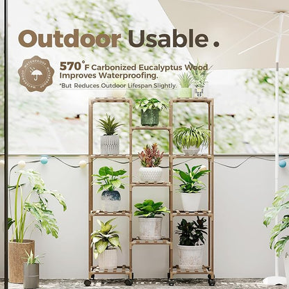 Bamworld Plant Stand With Wheels Indoor Outdoor Wood Plants Shelf - Image 3