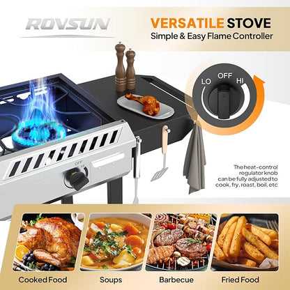 ROVSUN 3 Burner Propane Stove with Auto Ignition, 225,000 BTU Gas Stove with Side Shelves, Rolling Wheels & Regulator for Home Outdoor Backyard Camping Cooking Frying Brewing Canning