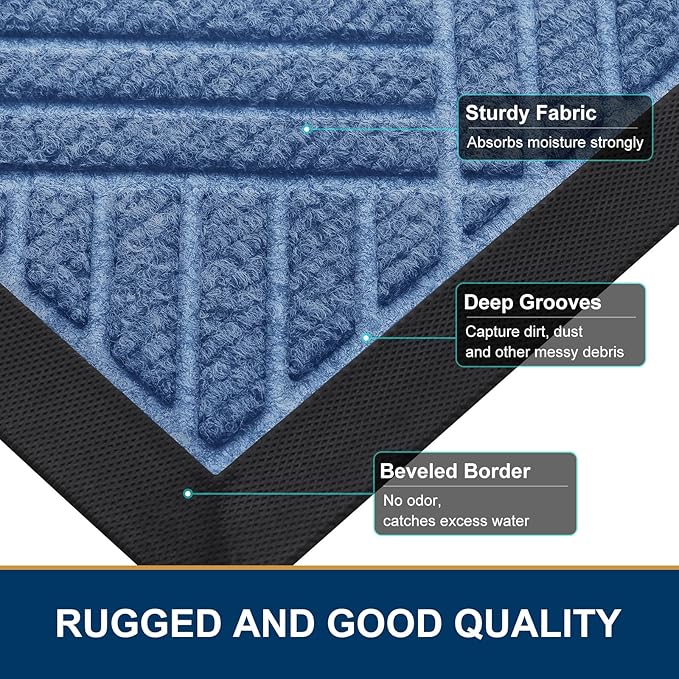 Smiry Front Door Mat Outside Entrance, Heavy Duty Outdoor Indoor Mat, Natural Rubber Doormat, Non Slip, Trap Dirt and Moisture, Easy Clean, Low Profile Patio Porch Entryway Mat, 59x35, Blue