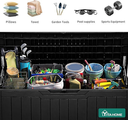 YITAHOME 100 Gallon Outdoor Storage Box, Large Water Resistant Resin Deck Box, Indoor Outdoor Lockable Storage Container for Patio, Garden, Cushions, Tools, Equipment (Black)