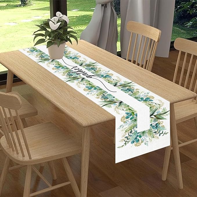 Farmhouse Table Runner, Green Gold Eucalyptus Spring Seasonal Plants Rustic Country Cafe Coffee Table Center Decor for Home Kitchen Dining Patio Indoor Outdoor Table Decorations, 13"x108" Inch