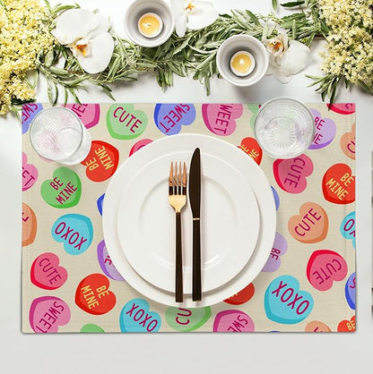 Valentine Pink Love Heart Candy Placemats Set of 4 Valentines Seasonal Table Mats Resistant Washable Dinner Mats for Outdoor Home Party Kitchen Dining 12x18 Inch