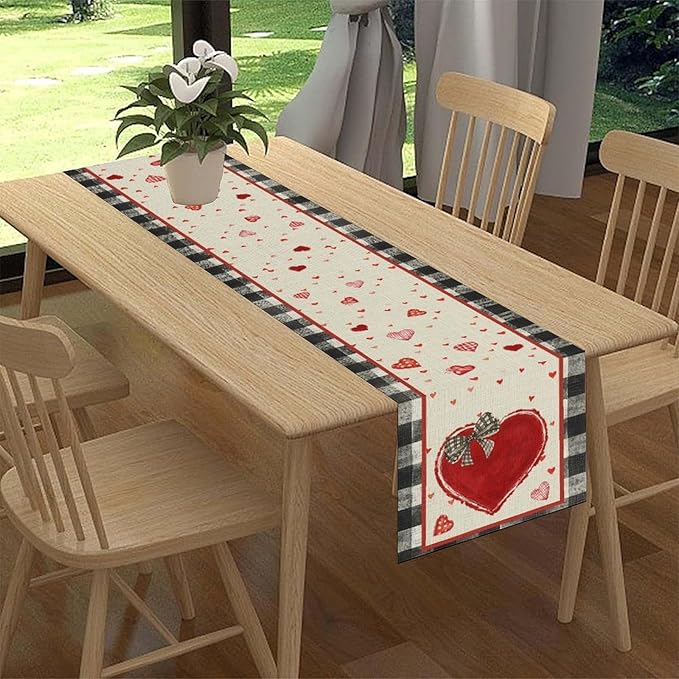 Valentines Day Table Runner,Vintage Red Black Heart Buffalo Plaid Valentines Decor for Table Seasonal Lovely Decor for Indoor Outdoor Dining Table Decorations, 13"x108"