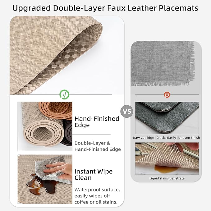 Faux Leather Placemats Set of 4 – 17x12 Inch Vinyl Table Mats, Heat Resistant, Non Slip, Wipeable & Washable, Easy to Clean Dining Table Decor for Kitchen & Dining Room（Light Taupe）