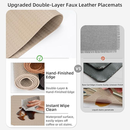 Faux Leather Placemats Set of 4 – 17x12 Inch Vinyl Table Mats, Heat Resistant, Non Slip, Wipeable & Washable, Easy to Clean Dining Table Decor for Kitchen & Dining Room（Light Taupe）