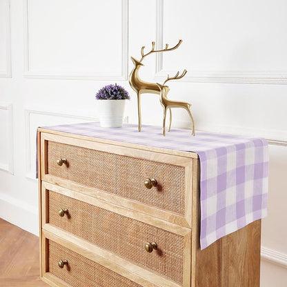 Solino Home Linen Checkered Table Runner 36 Inches - 100% Pure Linen Misty Lavender Buffalo Check Table Runner 14 x 36 Inch Ideal for Dresser and Coffee Tables - Valentines, Spring, Easter