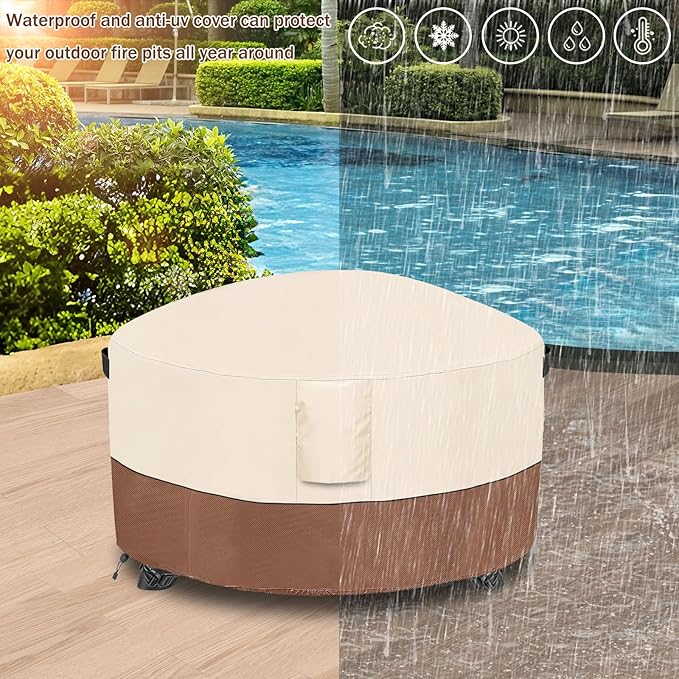 Fire Pit Cover,Outdoor Heavy Duty 600D 100% Waterproof Fire Pit Cover Round,Weatherproof Firepit Covers Round 38" Dia x 24" H,Beige & Brown