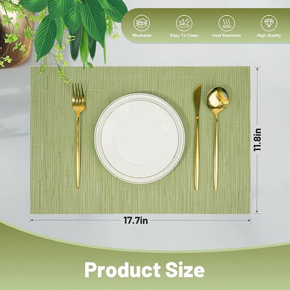 Placemats Set of 12，Christmas Non-Slip PVC Weave Table Mats Easy to Clean，Heat Resistant Place Mats for Kitchen Dining Table Decoration Indoor Outdoor，Pea Green