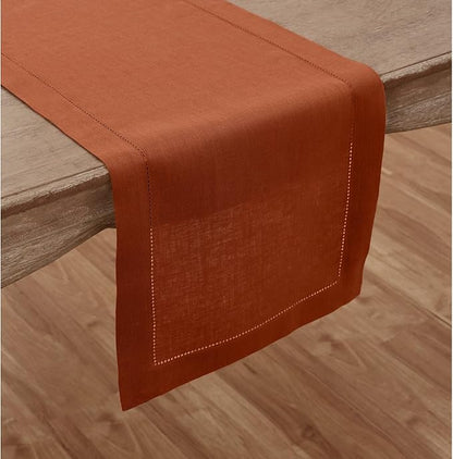Solino Home Linen Cinnamon Table Runner 156 Inches Long - 100% Pure Linen Extra Long Table Runner 14 x 156 Inch - Classic Hemstitch