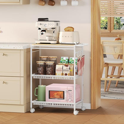 Microwave Kitchen Cart with 2 Lockable Wheels, White Kitchen Storage Cart with Push Handle, 3 Tier Rolling Cart with 160Lbs Capacity for Kitchen Island, Restaurant, Coffee Bar, Living Room, Office