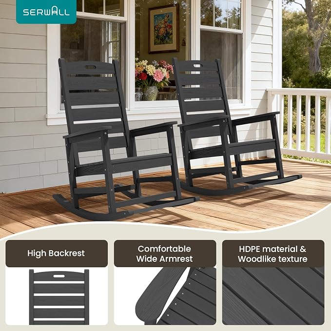SERWALL Outdoor Rocking Chair Set of 4, Oversized HDPE Rocker, all Weather - Image 6