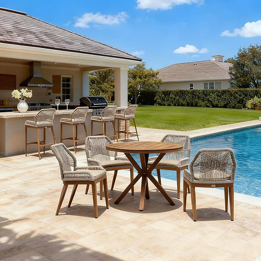 PURPLE LEAF 5 Pieces Round Dining Set Patio Aluminum Modern Round Table and Wicker Chairs with Cushions for Kitchen Porch Garden Outdoor Furniture Set with Counter Stools
