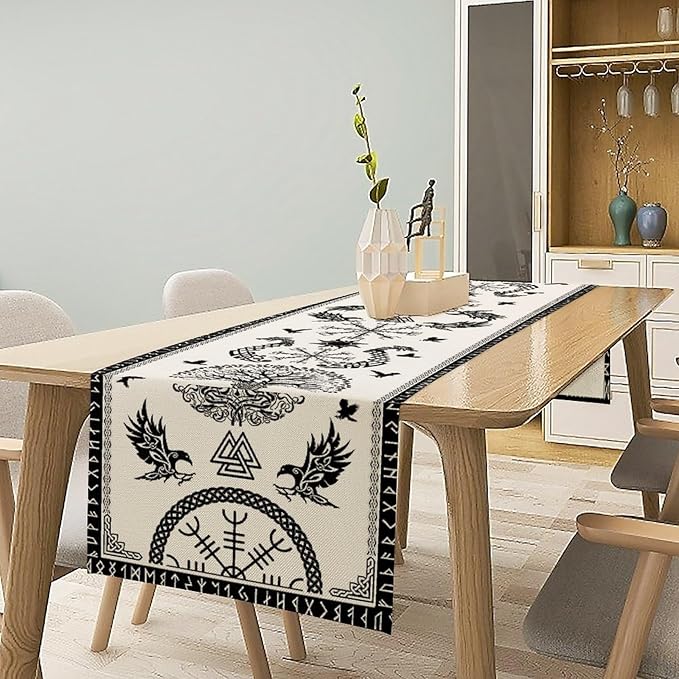 Viking Tree of Life Table Runner, Raven Helmet of Awe Seasonal Table Runner for Kitchen Dining Home Party 13x70in