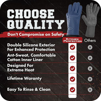 KITCHEN PERFECTION S Silicone Smoker Oven Gloves -Extreme Heat Resistant BBQ Gloves -Handle Hot Food Right on Your Grill Fryer Pit|Waterproof Oven Mitts |Superior Value Set+3 Bonuses