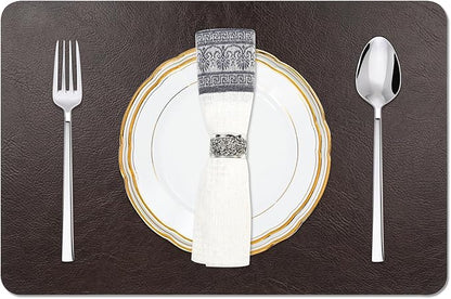 Cowhide Pattern Faux Leather Placemats Set of 6,Heat Resistant Non-Slip Waterproof Wipeable Washable Kitchen Dining PU Table Place Mats,Double-Sides Available,Black Brown