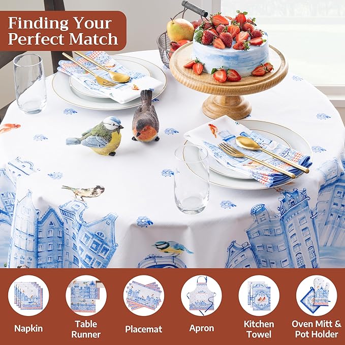 Maison d'Hermine Table Cloth Round Table 100% Cotton Tablecloth for Dining Room, Farmhouse, Home, Hotel, Parties & Wedding - Ideal for Easter Decorations Spring & Summer (Amsterdam Canals, 69" Round)