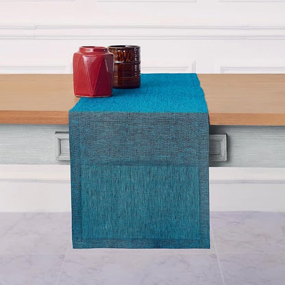 Solino Home Linen Table Runner 156 Inches Long - Athena, 100% Pure Linen Chambray Teal 14 x 156 Inch Table Runner for Dining, Spring, Easter, St Patricks Day