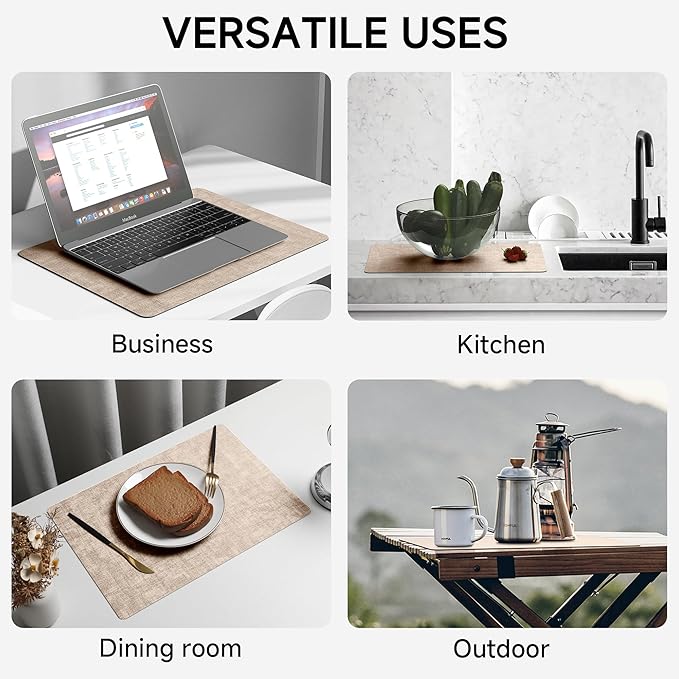 Faux Leather Vinyl Placemats Set of 6 Wipeable Heat Resistant Place Mats 100% Washable - Waterproof - Anti Slip Reversible Table Mats for Kitchen/Dining/Party/Outdoor, 12" x 16.5", Khaki & Black