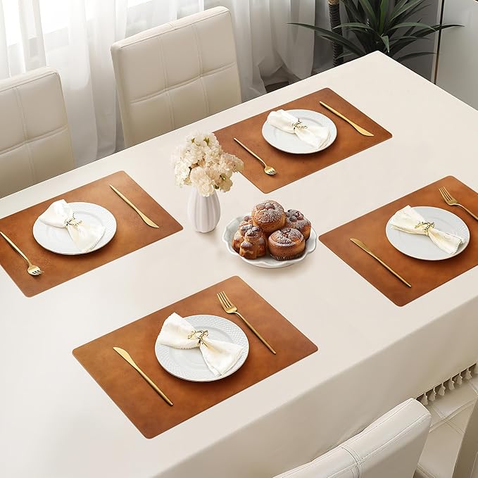 Roxifina Faux Leather Placemats Set of 4 - Vinyl Placemats Wipeable Waterproof Oil-Proof PU Place Mats Heat Resistant Reversible Table Mats for Dining, Kitchen, Outdoor, 12 x 17 Inch (Reddish Brown)