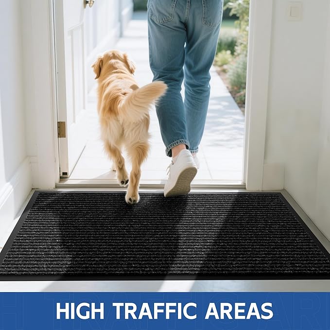 Front Door Mat, 6' x 4' Heavy Duty Indoor Outdoor Door Mat Entrance, Commercial Welcome Mats, Stain and Fade Resistant, Durable Rubber Backing, Low Profile Entry Mat for Patio, Black Stripe