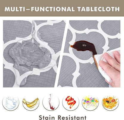 Nasitos 2 Pack Plastic Vinyl Tablecloth with Flannel Backed 60x84 Inch Moroccan Grey