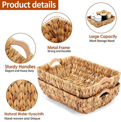 Wicker Baskets 2 Pack, Water Hyacinth Wicker Storage Basket with Wooden Handles, Hand-Woven Baskets for Storage, Natural
