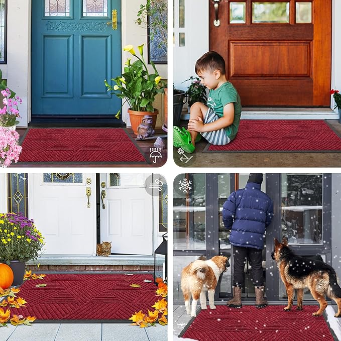 Smiry Front Door Mat Outside Entrance, Heavy Duty Sturdy Natural Rubber Doormat, Trap Dirt and Moisture, Easy Clean Low Profile Mats for Indoor Outdoor Entry, Irregular Triangle (59x24, Wine Red)