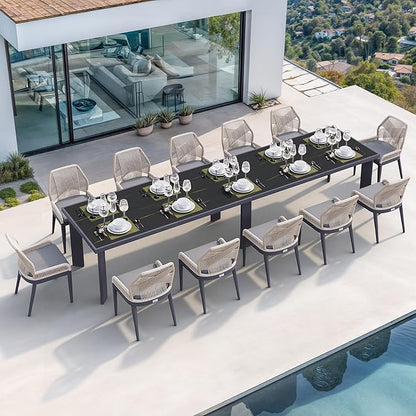 PURPLE LEAF 13 Pieces Patio Dining Set Aluminum Rectangular Table and Wicker Chairs with Cushions for Kitchen Porch Garden Modern Outdoor Furniture Sets, Dark Grey