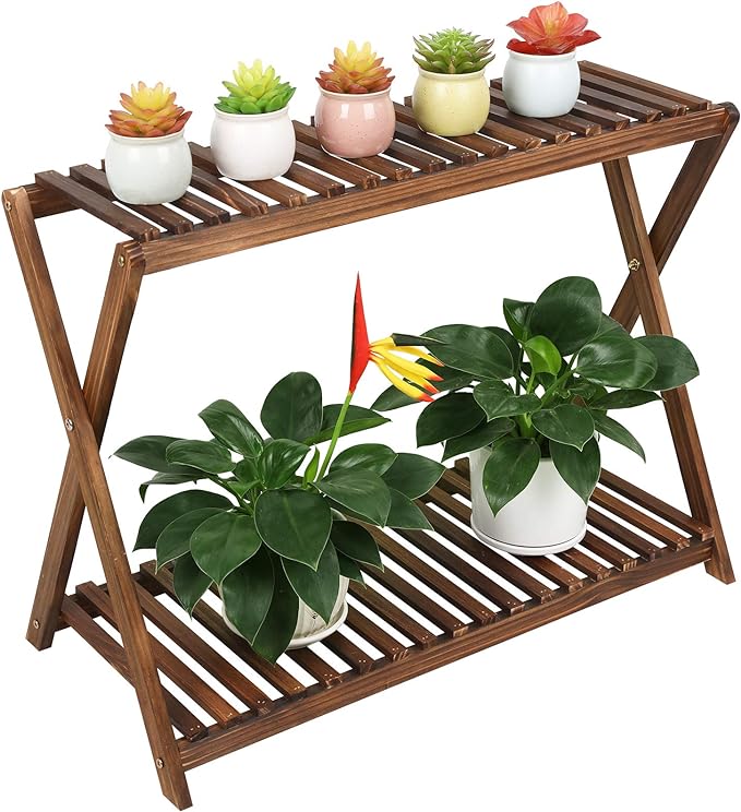 Wood Plant Stand Shelf Indoor Outdoor 2 Tier Plant Bench Corner | Stepped by TOVACU