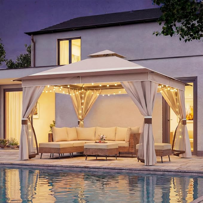 12'x12' Outdoor Gazebo with 100FT String Lights, Metal Heavy Duty Patio Canopy by LAUSAINTHOME