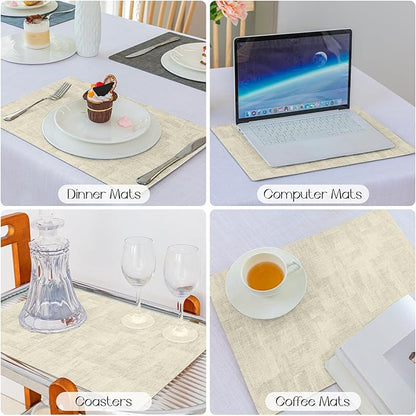 Romanstile Reversible Vinyl Placemats Set of 4, Faux Leather 100% Waterproof Oil-Proof Wipeable Place Mats, Heat Resistant Dual Sided Table Mats for Kitchen/Dining/Party (Black Beige, 12 x 17 Inch)