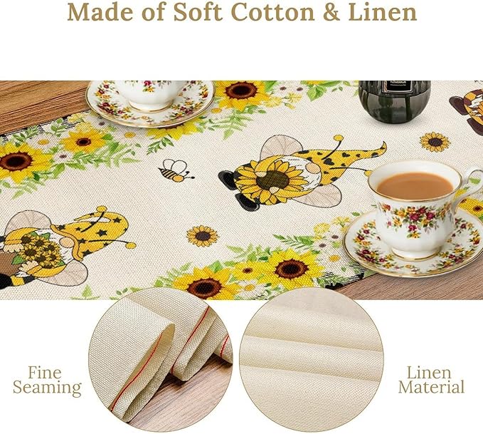 Summer Sunflower Gnome Table Runner, Buffalo Plaid Bee Farmhouse Seasonal Table Decoration for Outdoor Home Party Kitchen Dining Holiday 13x36in